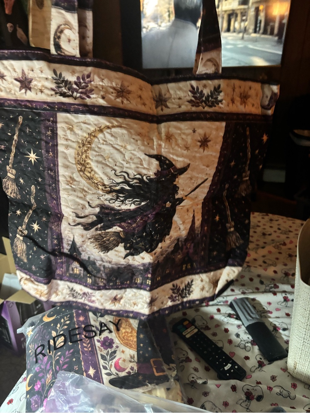 Witch Pattern Quilted Tote Bag in Purple and Cream brand new 17x16